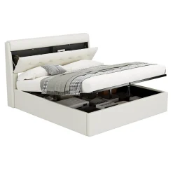 Lit Coffre 160x200 cm - Lit Double Capitonné avec Tête de Lit et Rangement Caché - PU - Sans Matelas - Blanc