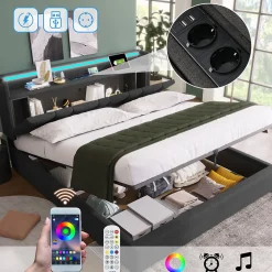 Lit Coffre 140x200 cm - Lit Double Rembourré - Tête de Lit avec Rangement - Lin - Sans Matelas - Gris