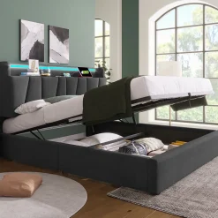 Lit Coffre 140x200 cm - Lit Double Rembourré - Tête de Lit avec Rangement - Lin - Sans Matelas - Gris