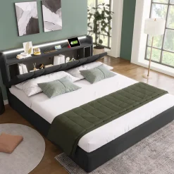 Lit Coffre 140x200 cm - Lit Double Rembourré - Tête de Lit avec Rangement - Lin - Sans Matelas - Gris