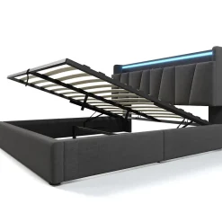 Lit Coffre 140x200 cm - Lit Double Rembourré - Tête de Lit avec Rangement - Lin - Sans Matelas - Gris