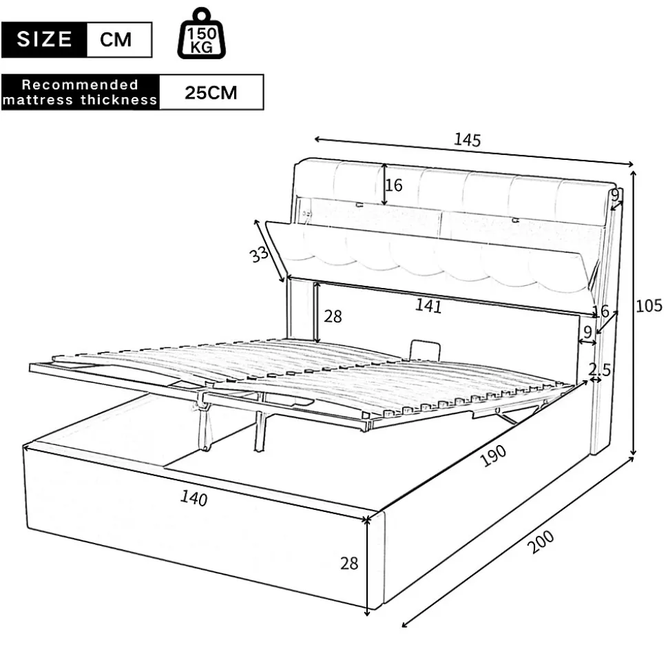 Lit Coffre 140x190 cm - Lit Double Capitonné avec Tête de Lit et Rangement Caché - PU - Sans Matelas - Blanc