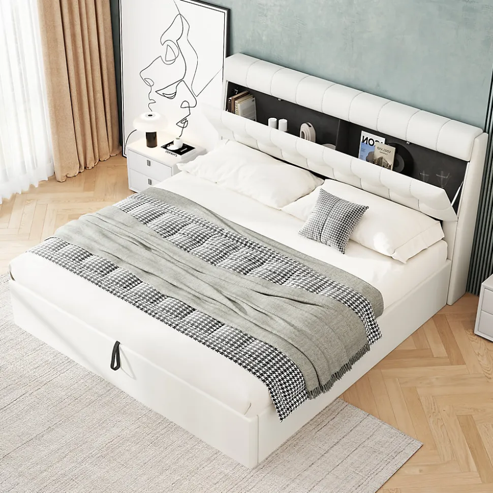 Lit Coffre 140x190 cm - Lit Double Capitonné avec Tête de Lit et Rangement Caché - PU - Sans Matelas - Blanc