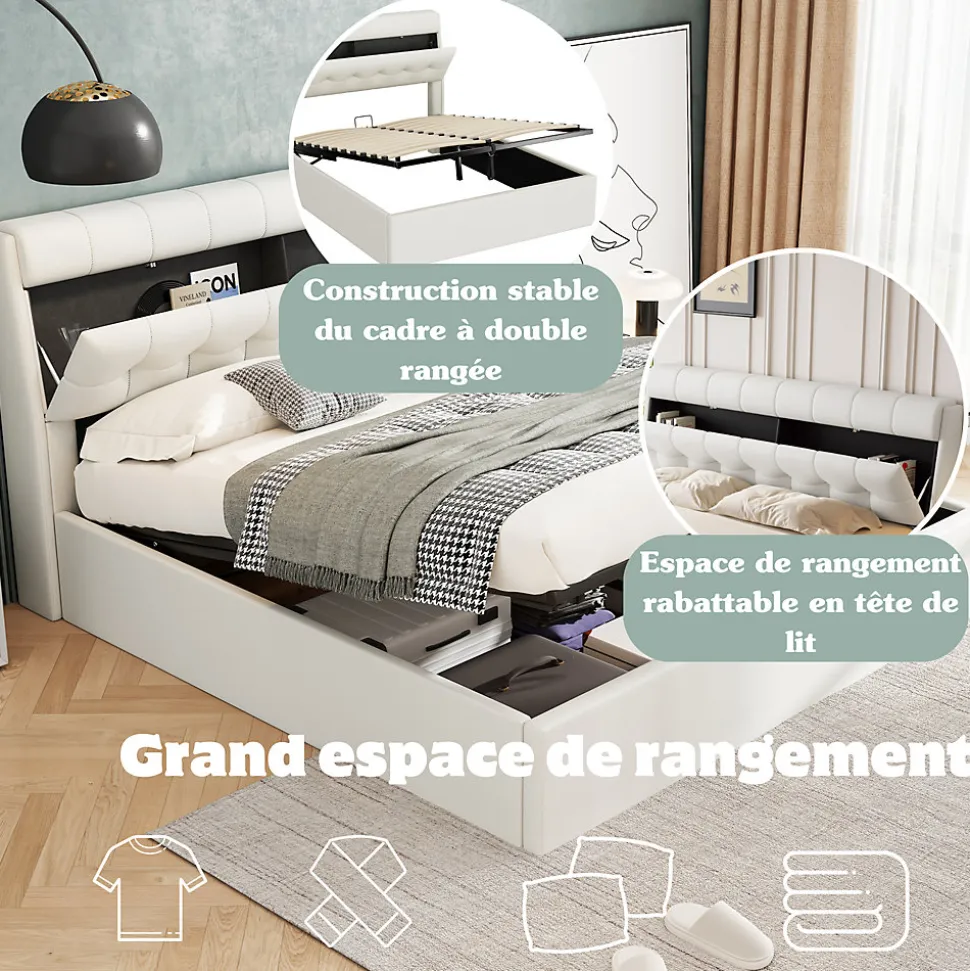 Lit Coffre 140x190 cm - Lit Double Capitonné avec Tête de Lit et Rangement Caché - PU - Sans Matelas - Blanc