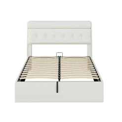 Lit Coffre 140x190 cm - Lit Double Capitonné avec Tête de Lit et Rangement Caché - PU - Sans Matelas - Blanc