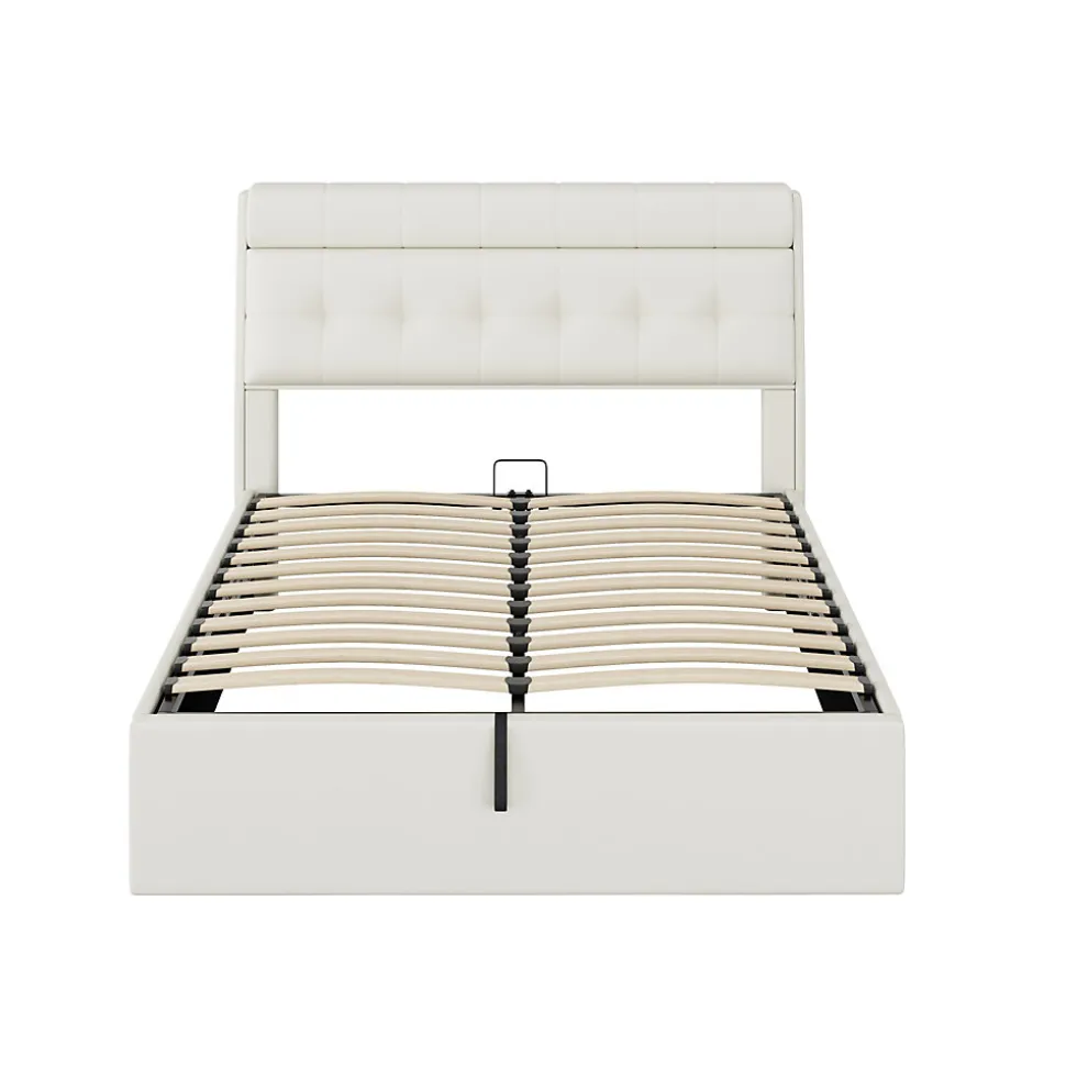 Lit Coffre 140x190 cm - Lit Double Capitonné avec Tête de Lit et Rangement Caché - PU - Sans Matelas - Blanc