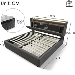 Lit Coffre 160x200 cm - Lit Double Rembourré - Tête de Lit avec Rangement - Lin - Sans Matelas - Gris