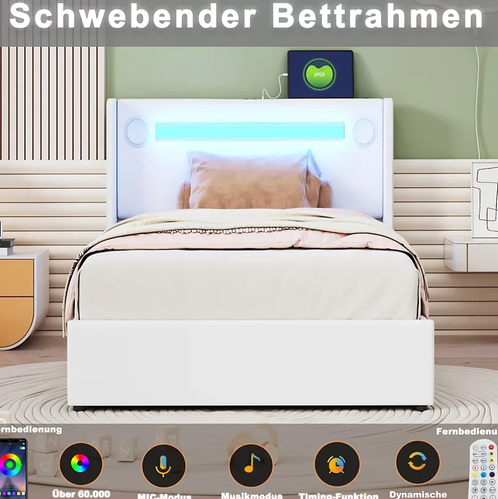 Lit Coffre 90x200 cm - Lit enfant capitonné avec LED, Lecteur Bluetooth et Port USB, Coffre de Rangement Simili Cuir Blanc