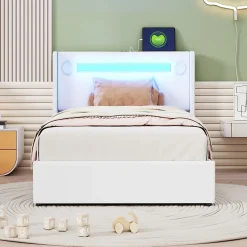 Lit Coffre 90x200 cm - Lit enfant capitonné avec LED, Lecteur Bluetooth et Port USB, Coffre de Rangement Simili Cuir Blanc