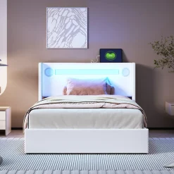Lit Coffre 90x200 cm - Lit enfant capitonné avec LED, Lecteur Bluetooth et Port USB, Coffre de Rangement Simili Cuir Blanc