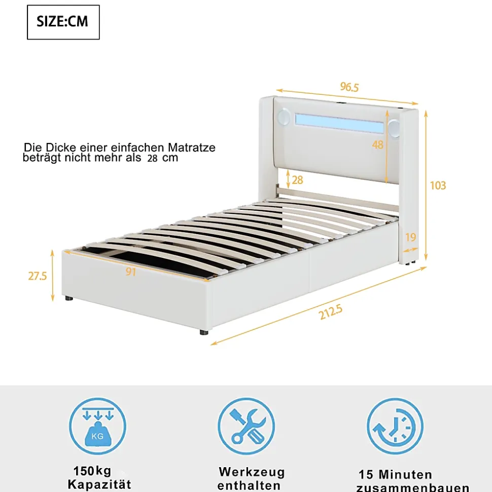 Lit Coffre 90x200 cm - Lit enfant capitonné avec LED, Lecteur Bluetooth et Port USB, Coffre de Rangement Simili Cuir Blanc
