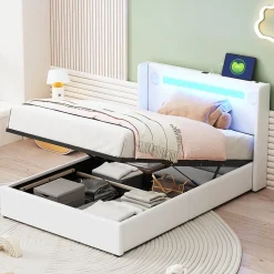 Lit Coffre 90x200 cm - Lit enfant capitonné avec LED, Lecteur Bluetooth et Port USB, Coffre de Rangement Simili Cuir Blanc