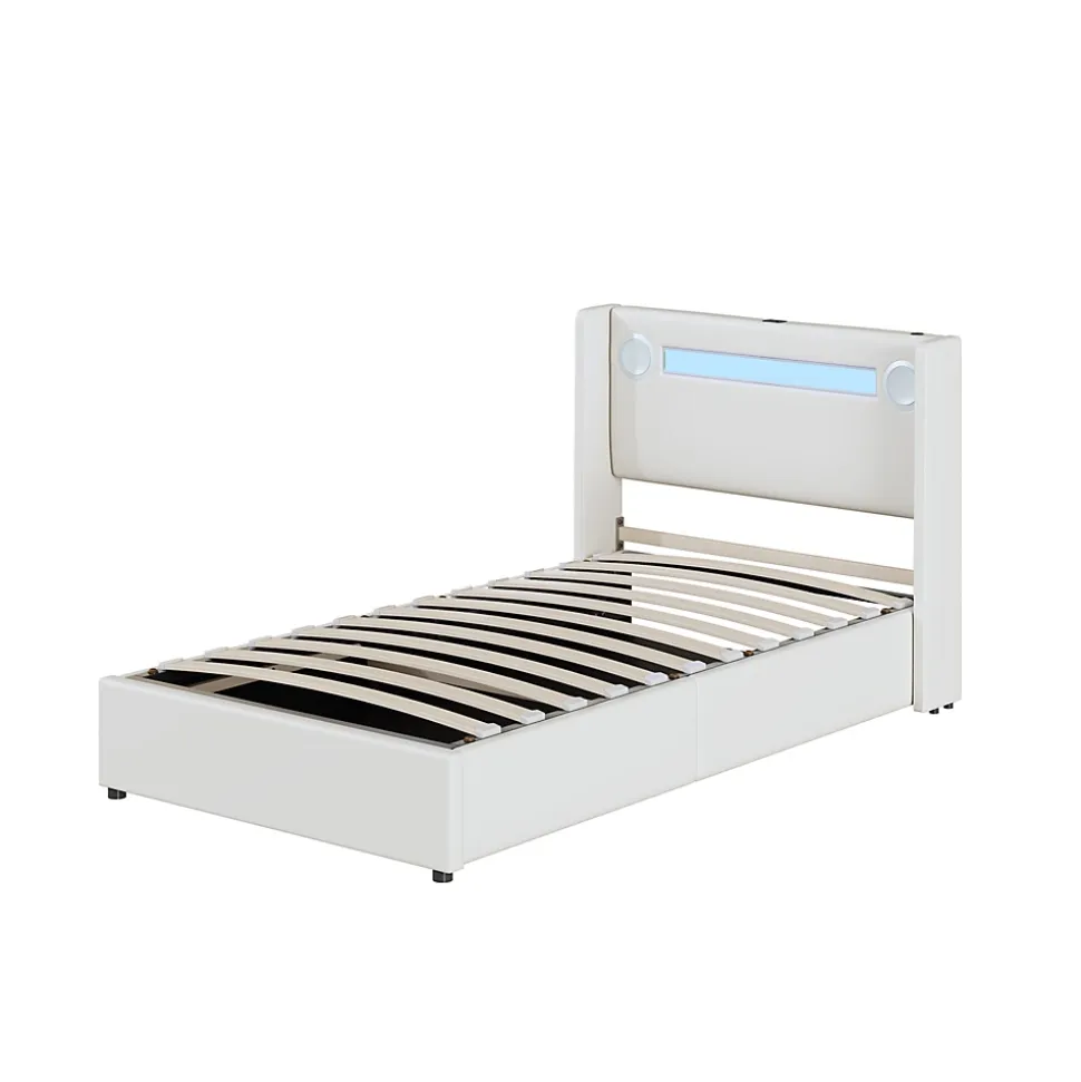 Lit Coffre 90x200 cm - Lit enfant capitonné avec LED, Lecteur Bluetooth et Port USB, Coffre de Rangement Simili Cuir Blanc
