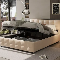 Lit Coffre 180x200 cm - Lit Hydraulique avec Rangement Sous Le Lit et Sommier À Lattes, Velours Beige, Sans Matelas