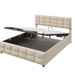 Lit Coffre 180x200 cm - Lit Hydraulique avec Rangement Sous Le Lit et Sommier À Lattes, Velours Beige, Sans Matelas