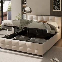 Lit Coffre 180x200 cm - Lit Hydraulique avec Rangement Sous Le Lit et Sommier À Lattes, Velours Beige, Sans Matelas