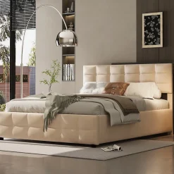 Lit Coffre 180x200 cm - Lit Hydraulique avec Rangement Sous Le Lit et Sommier À Lattes, Velours Beige, Sans Matelas