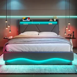 Lit Coffre 160x200 cm - Lit Rembourré avec Éclairage LED et Ports USB Type-C, Tête de Lit à Étagères - sans Matelas - Gris Foncé