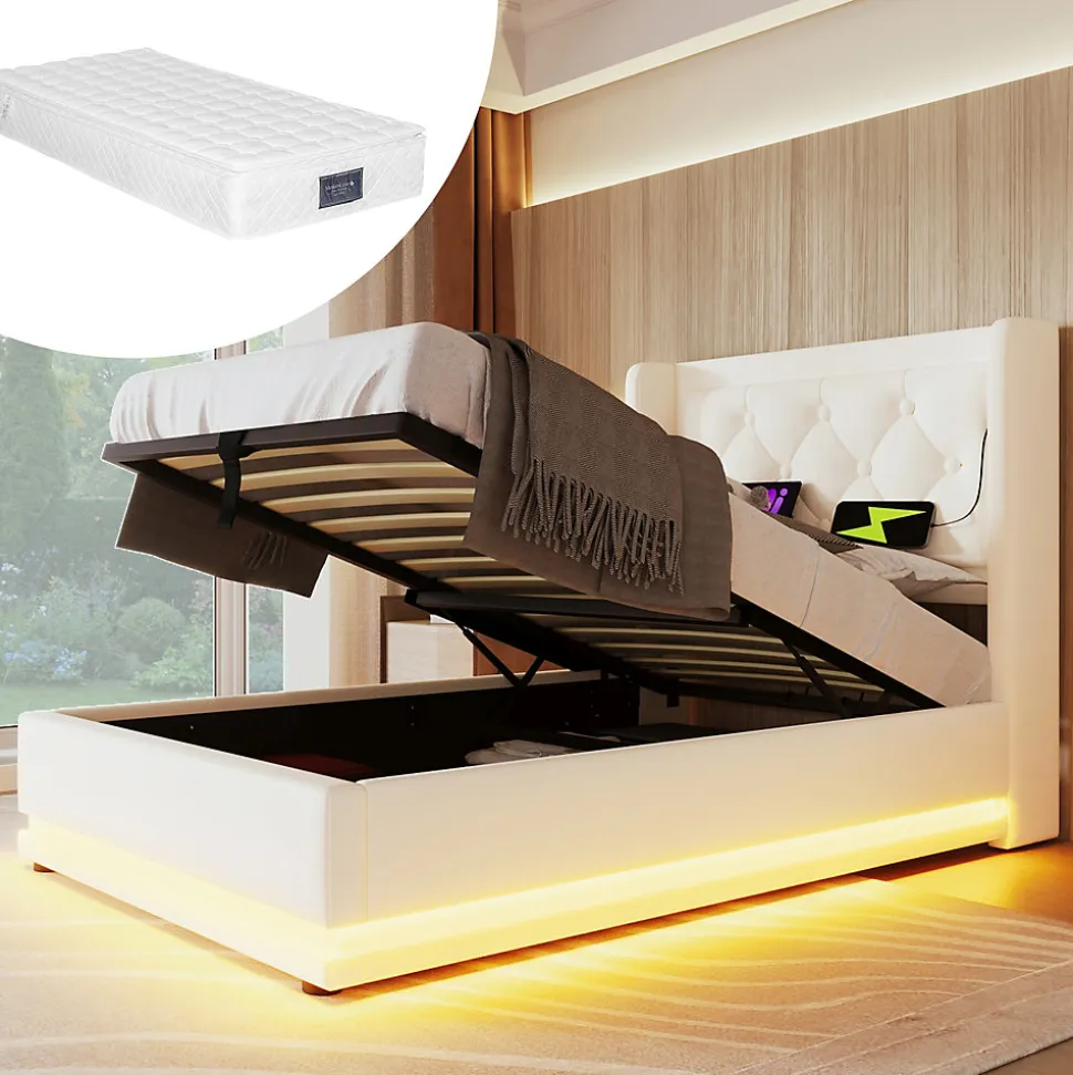Lit coffre 90x200 cm - Lit simple rembourré avec USB Type-C et LED - PU - Matelas Inclus - Blanc