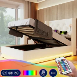 Lit coffre 90x200 cm - Lit simple rembourré avec USB Type-C et LED - PU - Matelas Inclus - Blanc