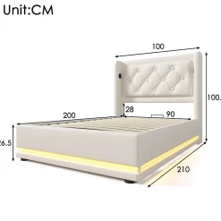Lit coffre 90x200 cm - Lit simple rembourré avec USB Type-C et LED - PU - Matelas Inclus - Blanc