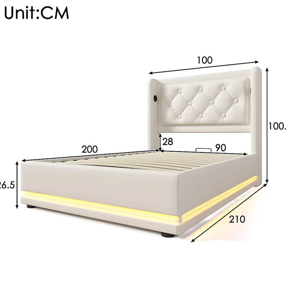 Lit coffre 90x200 cm - Lit simple rembourré avec USB Type-C et LED - PU - Matelas Inclus - Blanc