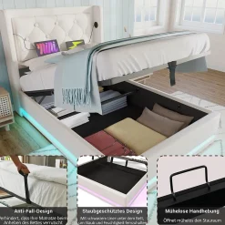 Lit coffre 90x200 cm - Lit simple rembourré avec USB Type-C et LED - PU - Matelas Inclus - Blanc