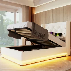 Lit coffre 90x200 cm - Lit simple rembourré avec USB Type-C et LED - PU - Matelas Inclus - Blanc