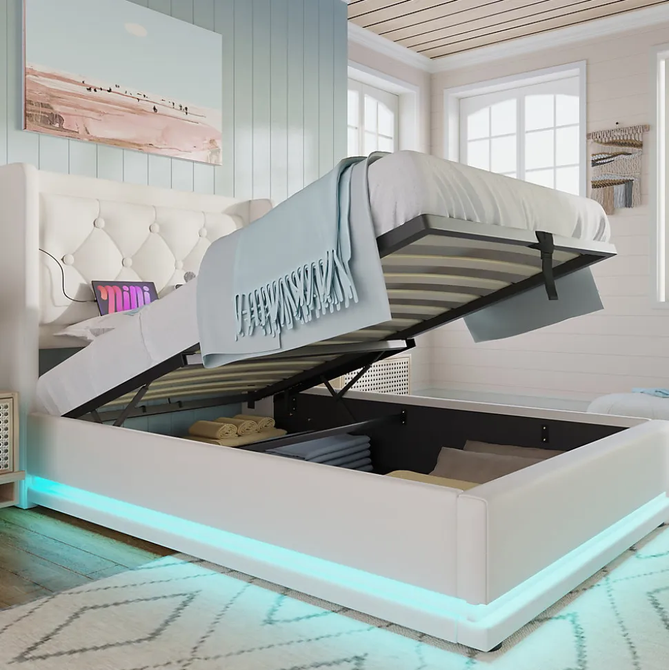 Lit coffre 90x200 cm - Lit simple rembourré avec USB Type-C et LED - PU - Matelas Inclus - Blanc