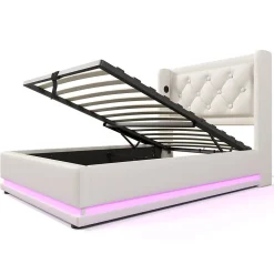 Lit coffre 90x200 cm - Lit simple rembourré avec USB Type-C et LED - PU - Matelas Inclus - Blanc