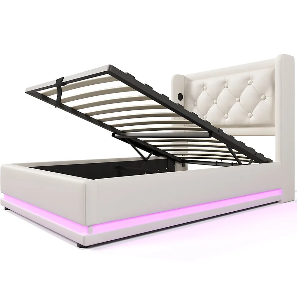 Lit coffre 90x200 cm - Lit simple rembourré avec USB Type-C et LED - PU - Matelas Inclus - Blanc