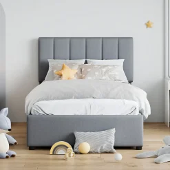 Lit coffre 90x200 cm - Lit simple avec ouverture hydraulique - en lin - Sans Matelas - Gris