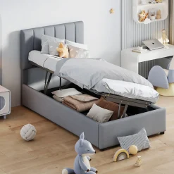 Lit coffre 90x200 cm - Lit simple avec ouverture hydraulique - en lin - Sans Matelas - Gris