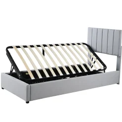 Lit coffre 90x200 cm - Lit simple avec ouverture hydraulique - en lin - Sans Matelas - Gris