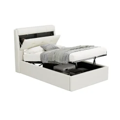 Lit Coffre 90x200 cm - Lit Simple Capitonné avec Tête de Lit et Rangement Caché - PU - Sans Matelas - Blanc