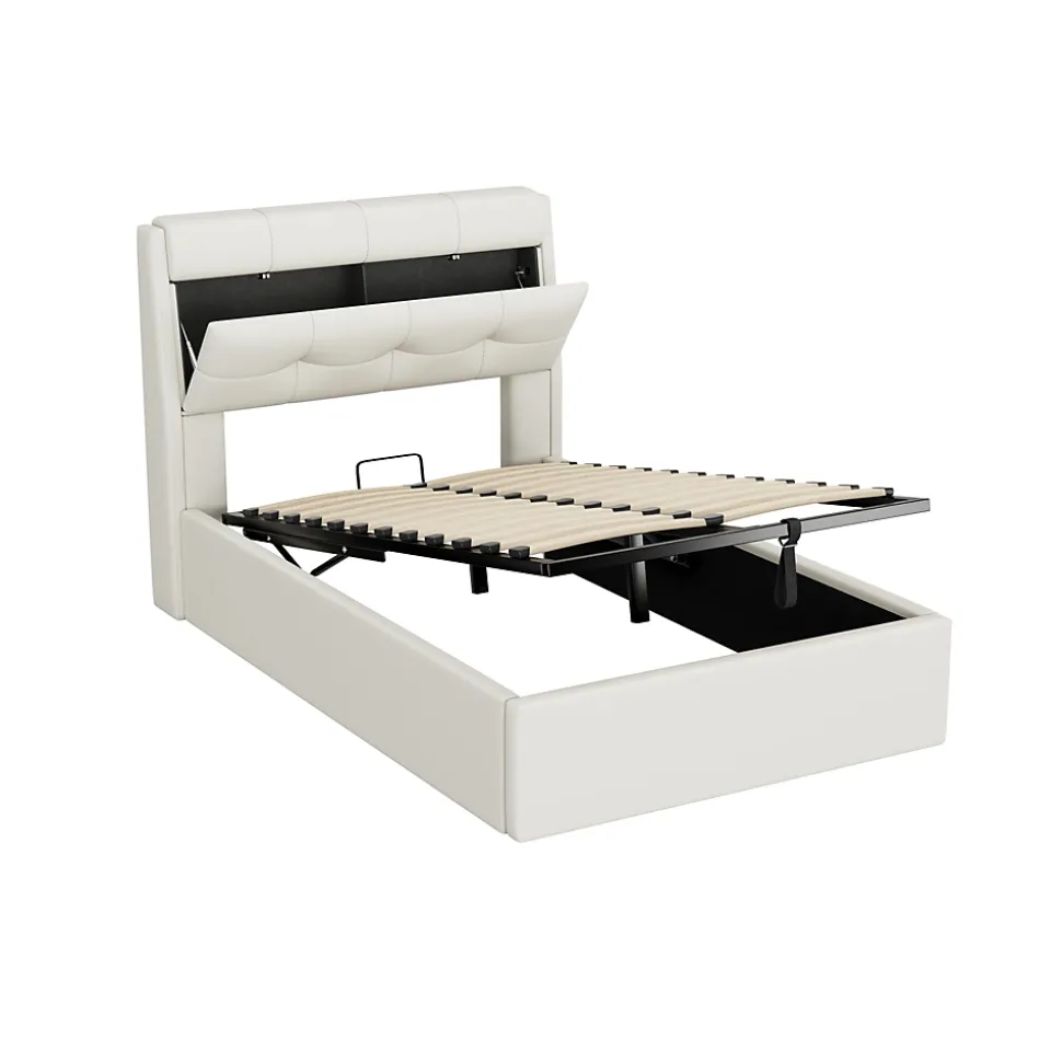 Lit Coffre 90x200 cm - Lit Simple Capitonné avec Tête de Lit et Rangement Caché - PU - Sans Matelas - Blanc