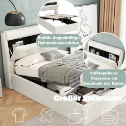Lit Coffre 90x200 cm - Lit Simple Capitonné avec Tête de Lit et Rangement Caché - PU - Sans Matelas - Blanc