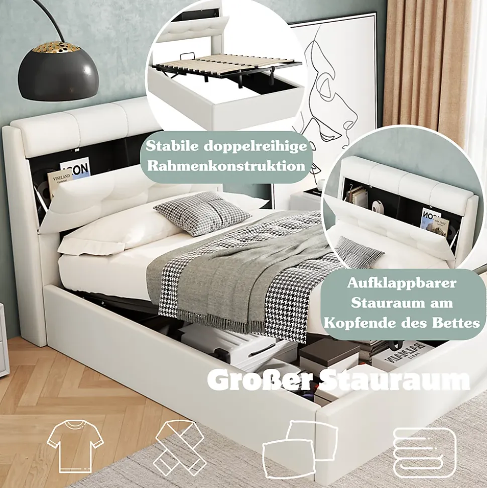 Lit Coffre 90x200 cm - Lit Simple Capitonné avec Tête de Lit et Rangement Caché - PU - Sans Matelas - Blanc