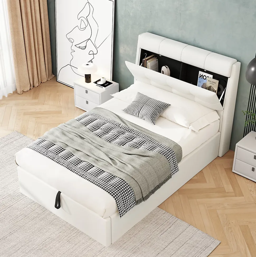 Lit Coffre 90x200 cm - Lit Simple Capitonné avec Tête de Lit et Rangement Caché - PU - Sans Matelas - Blanc