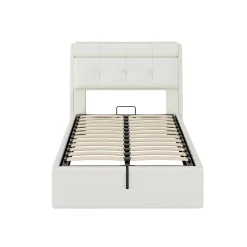 Lit Coffre 90x200 cm - Lit Simple Capitonné avec Tête de Lit et Rangement Caché - PU - Sans Matelas - Blanc