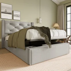 Lit coffre 90x200 cm - Lit simple capitonné avec sommier métallique - Bois massif + Métal - avec Matelas - Gris clair