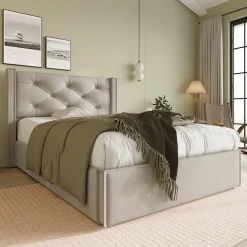 Lit coffre 90x200 cm - Lit simple capitonné avec sommier métallique - Bois massif + Métal - avec Matelas - Gris clair