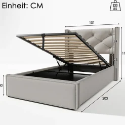 Lit coffre 90x200 cm - Lit simple capitonné avec sommier métallique - Bois massif + Métal - avec Matelas - Gris clair