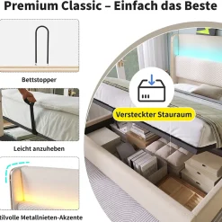 Lit Coffre 90x200 Cm - Lit Simple Moderne Avec Sommier Relevable Et Éclairage LED - Tissu Aspect Lin Beige