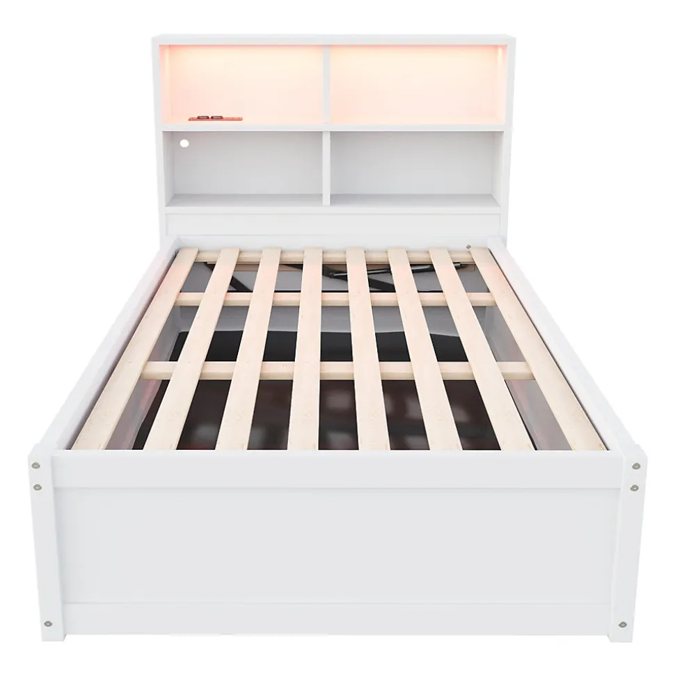 Lit Coffre 90x200 cm - Lit Simple avec Rangement, Tiroirs et Prises USB, Bois de Pin et MDF, Blanc - Sans Matelas