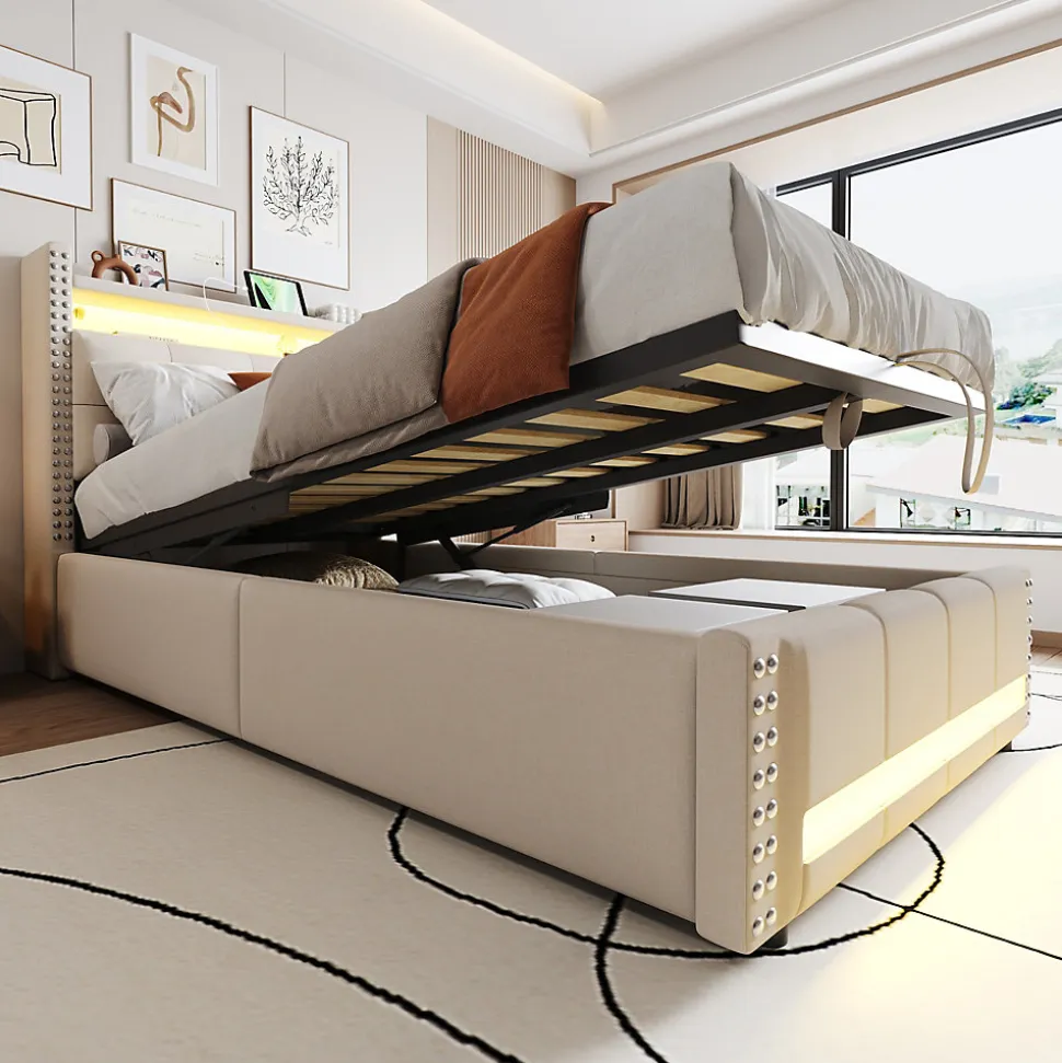 Lit Coffre 90x200 cm - Lit Simple avec Rangement, Éclairage LED Télécommandé et Prise USB, Sans Matelas, Beige