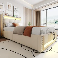 Lit Coffre 90x200 cm - Lit Simple avec Rangement, Éclairage LED Télécommandé et Prise USB, Sans Matelas, Beige