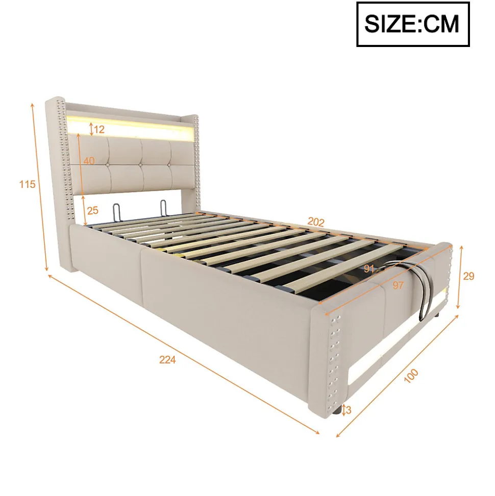 Lit Coffre 90x200 cm - Lit Simple avec Rangement, Éclairage LED Télécommandé et Prise USB, Sans Matelas, Beige