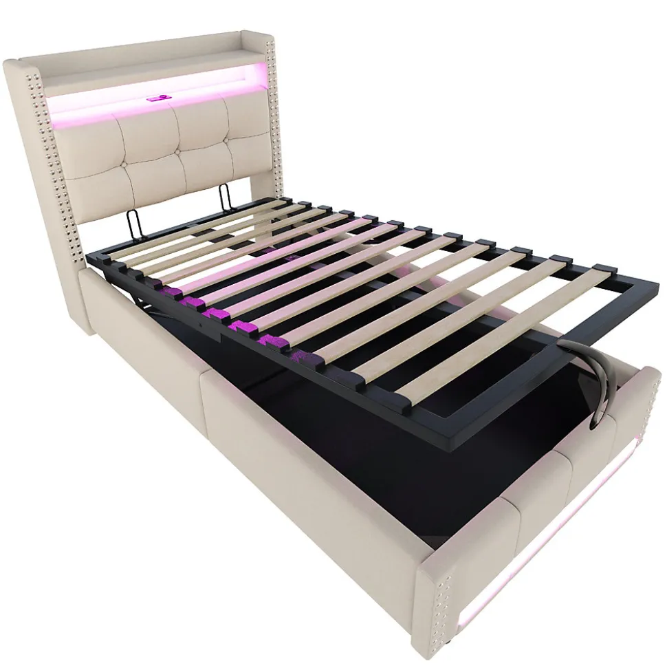 Lit Coffre 90x200 cm - Lit Simple avec Rangement, Éclairage LED Télécommandé et Prise USB, Sans Matelas, Beige
