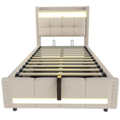 Lit Coffre 90x200 cm - Lit Simple avec Rangement, Éclairage LED Télécommandé et Prise USB, Sans Matelas, Beige